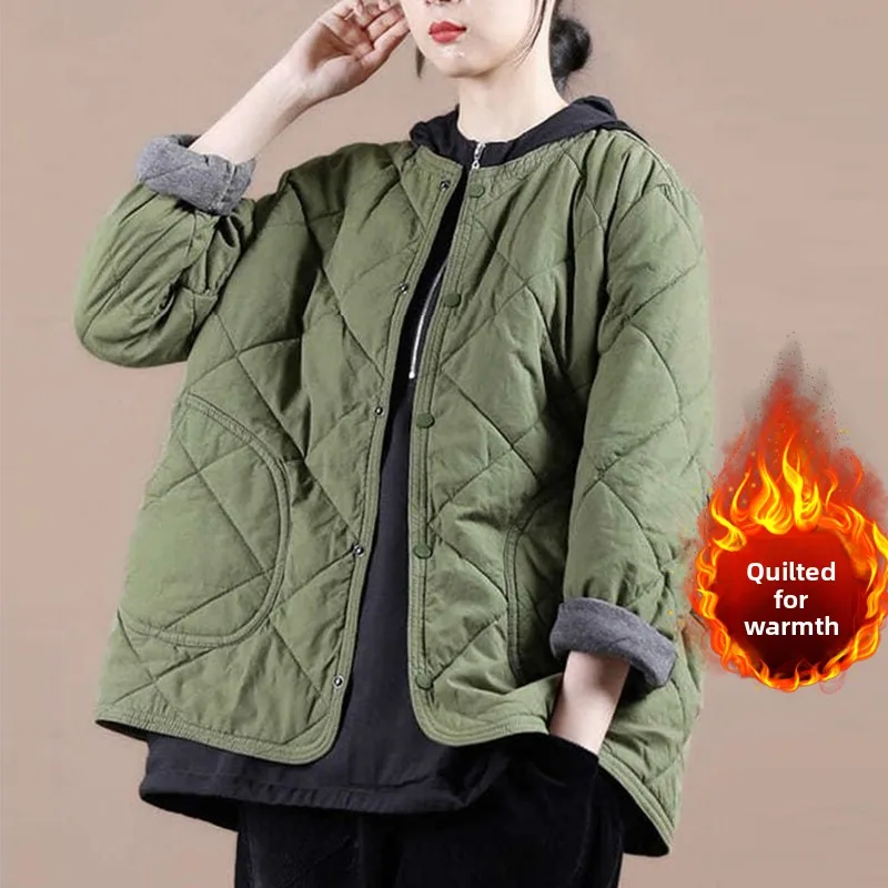 다이아몬드 패턴의 플러스 사이즈 여성용 긴 소매 스탠드 칼라 따뜻한 코트 탑, 티엔드 가을 겨울 코튼 재킷