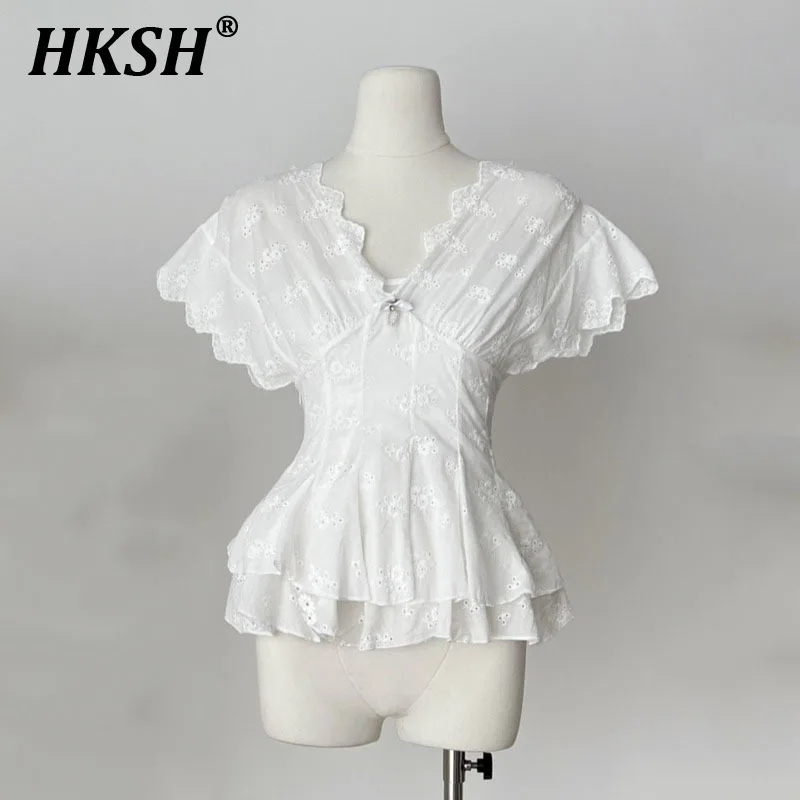 

HKSH Summer New Women Chic Tide High Street French Sweet Sexy Top Casual V-neck Flying Sleeve Waist Cinching Pleated Tees HK6045