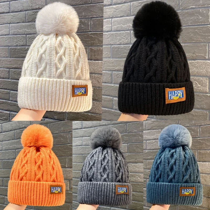 New Women Hat High Quality Add Fur Lined Pompoms Winter Hat Stylish Wool Beanie Hats For Women Warm Thick Streetwear Knitted Cap