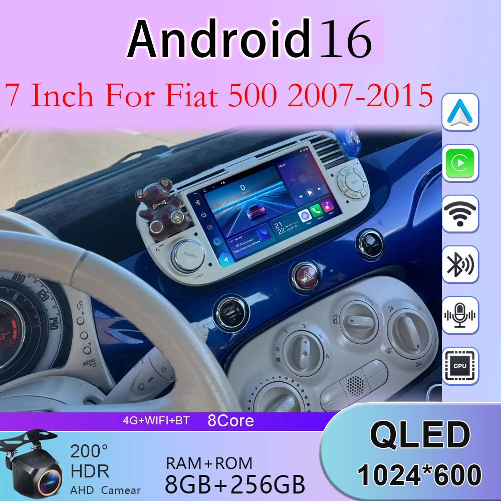 

BT GPS 7 Inch For Fiat 500 2007-2011 2012 2013 2014 2015 Android 16 Car Radio Stereo Multimedia Player Wireless Carplay & Auto