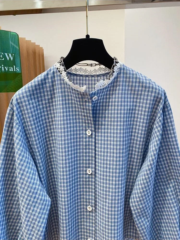 New Round Neck Plaid Shirt Long Sleeve Charming Women Shirts Gentle Versatile Women Blouse