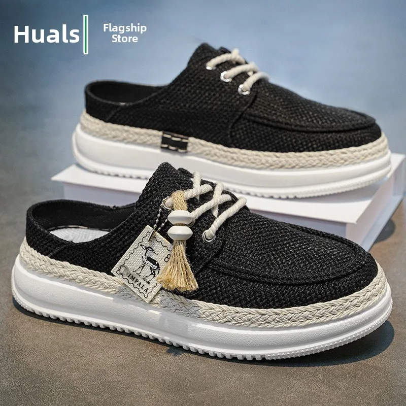 Men's Summer Outdoor Slip-On Anti-Slip Casual Board Shoes Work Sports Linen Woven Fabric Shoes Easy to Wear Comfortable Breat...