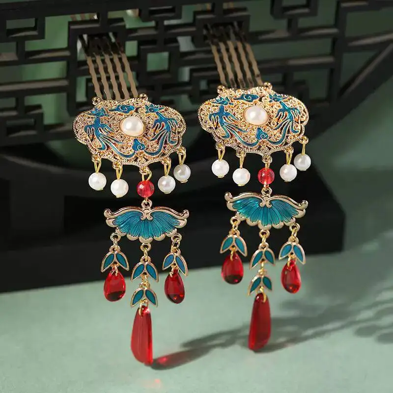 2Pcs Hanfu Hair Accessories Phoenix Enamel Tassel Pearl Red Drop Beads Hair Combs for Women Wedding Cosplay