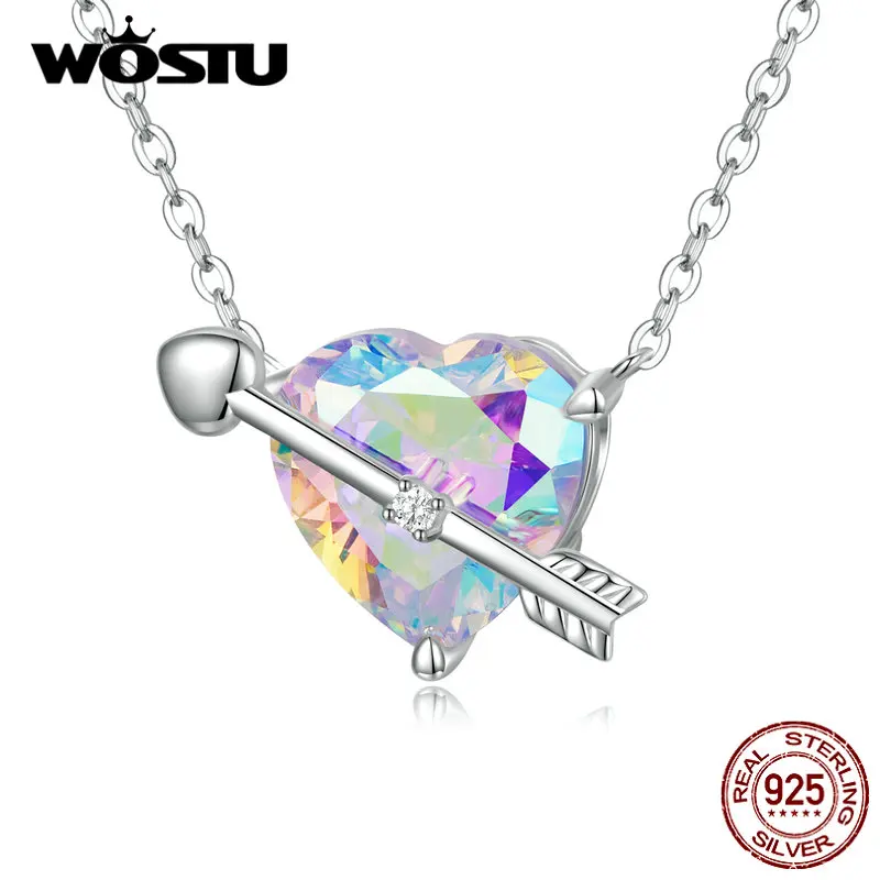 WOSTU  925 Sterling Silver Heart Rainbow Crystal Love First Sight Charm Necklace for women Romantic fine jewelry Engagement gift