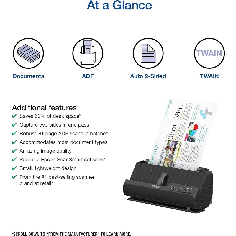 Epson Workforce ES-C220 Compact Desktop Document Scanner with 2-Sided Scanning and Auto Document