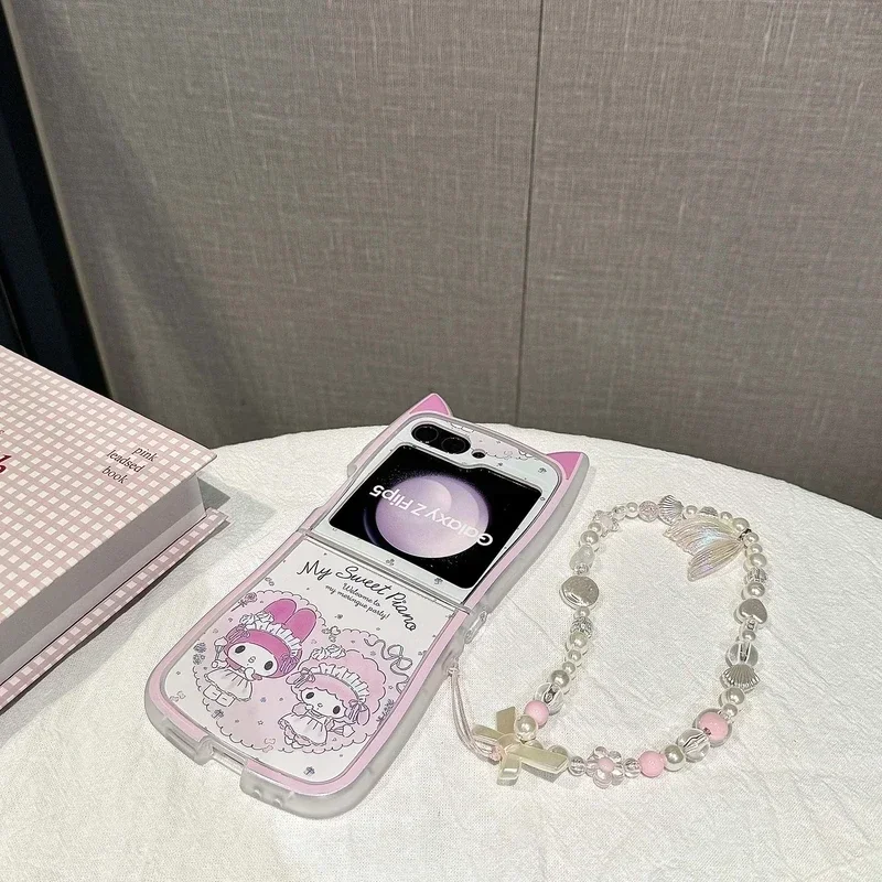 3D Cute Cartoon Sanrio Melody Piano Phone Case For Samsung Galaxy Z Flip 6 5 Clear Soft TPU Cover For Z Flip 3 4 With Lanyard