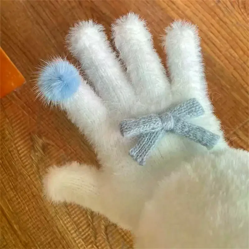 لطيف الحلو القوس بوم بوم أفخم قفازات الباردة واقية قفازات طالب شتاء دافئ خمسة أصابع قفازات النساء الإكسسوارات هدية عيد الميلاد #3