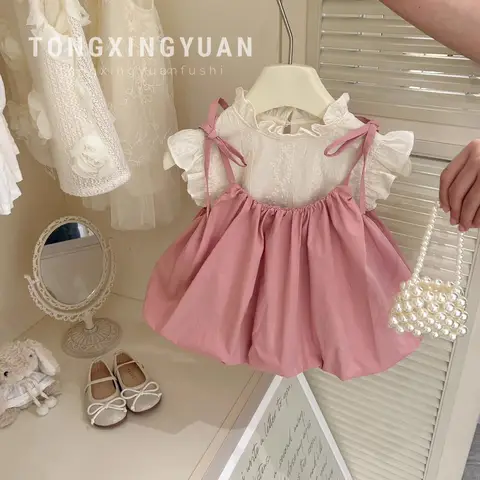 2025 Summer Korean Kids Girls 2PCS Clothes Set Sleeveless Lace Tees Solid Strappy Puffy Dress Suit 1-6 Years Girls Outfits