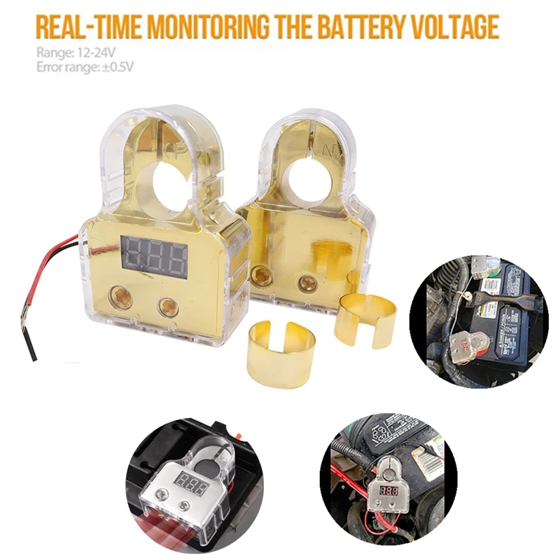 

2Pcs Car Battery Terminal Connectors Voltmeter Display 12V-24V Positive Negative Battery Clamp Audio Battery Head