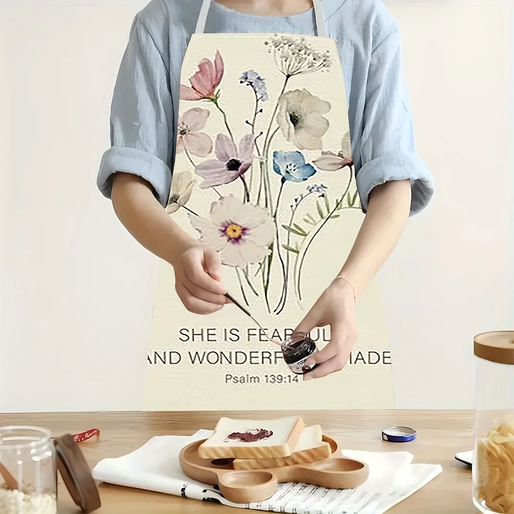 

Фарфоровый фартук с цветочным узором – нежный акварельный букет и принт с цитатой из Псалма 139:14, плоское цифровое изображение для кухни, подарок, вдохновение на каждый день