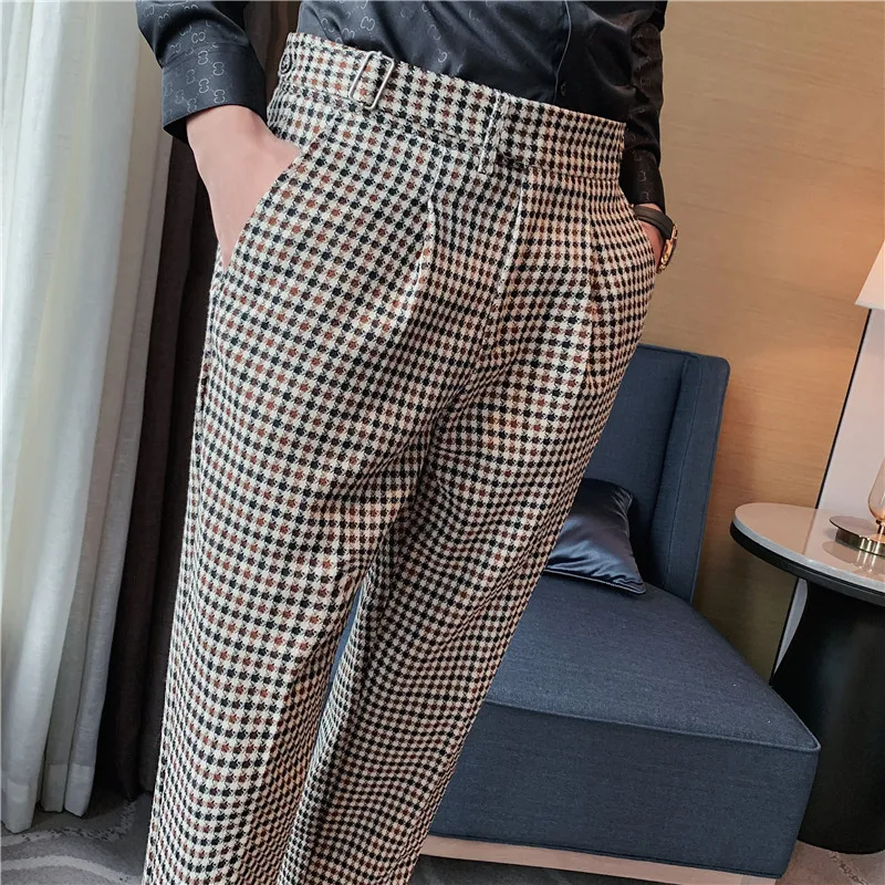 British Style Autumn New Fashion Stripe Plaid Suit Pant Men High Waist Design Slim Fit Office Pants Mens Groom Wedding Trousers