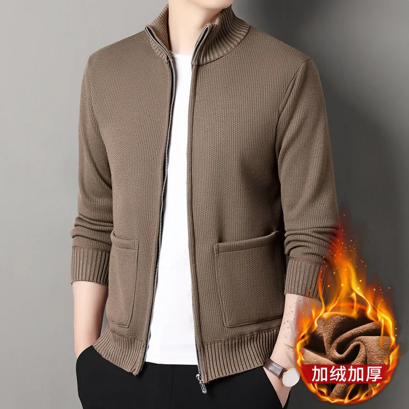 Cardigan tricoté en velours pour hommes, automne et hiver, décontracté, Style coréen, couleur unie, col montant, pull, veste pour hommes