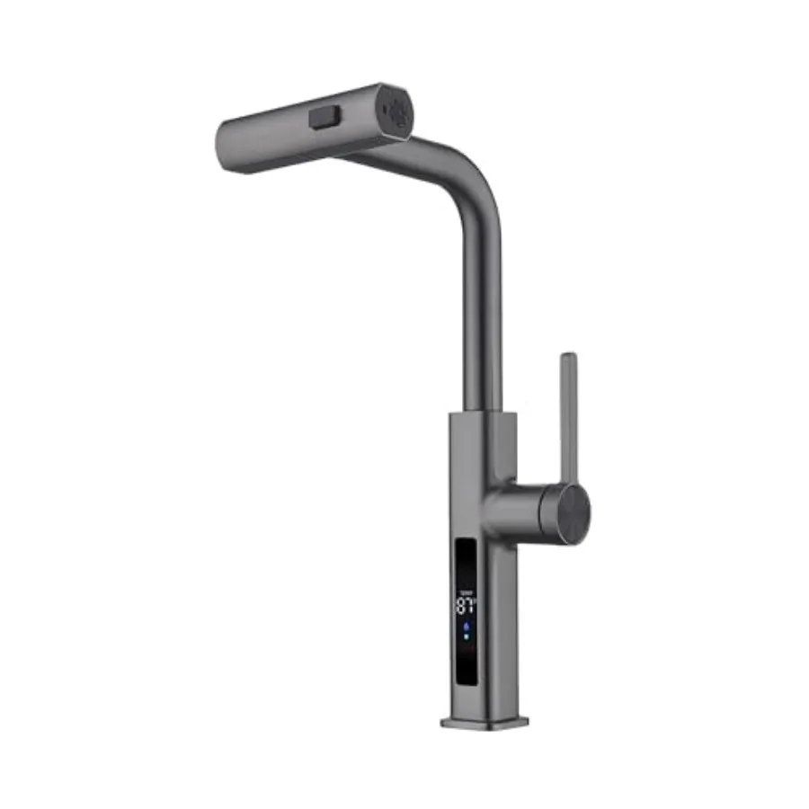 

Pull-Out Waterfall Kitchen Faucet for modern kitchens, stainless steel body, grey finish, with digital temperature display and