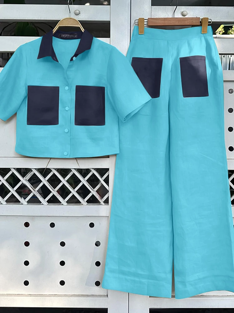 

ZANZEA Wide Leg Pants Fashion 2 Piece Sets Woman Contrast-Color Lapel Short Sleeve Shirts Streetwear Pant Sets 2pcs Outfits