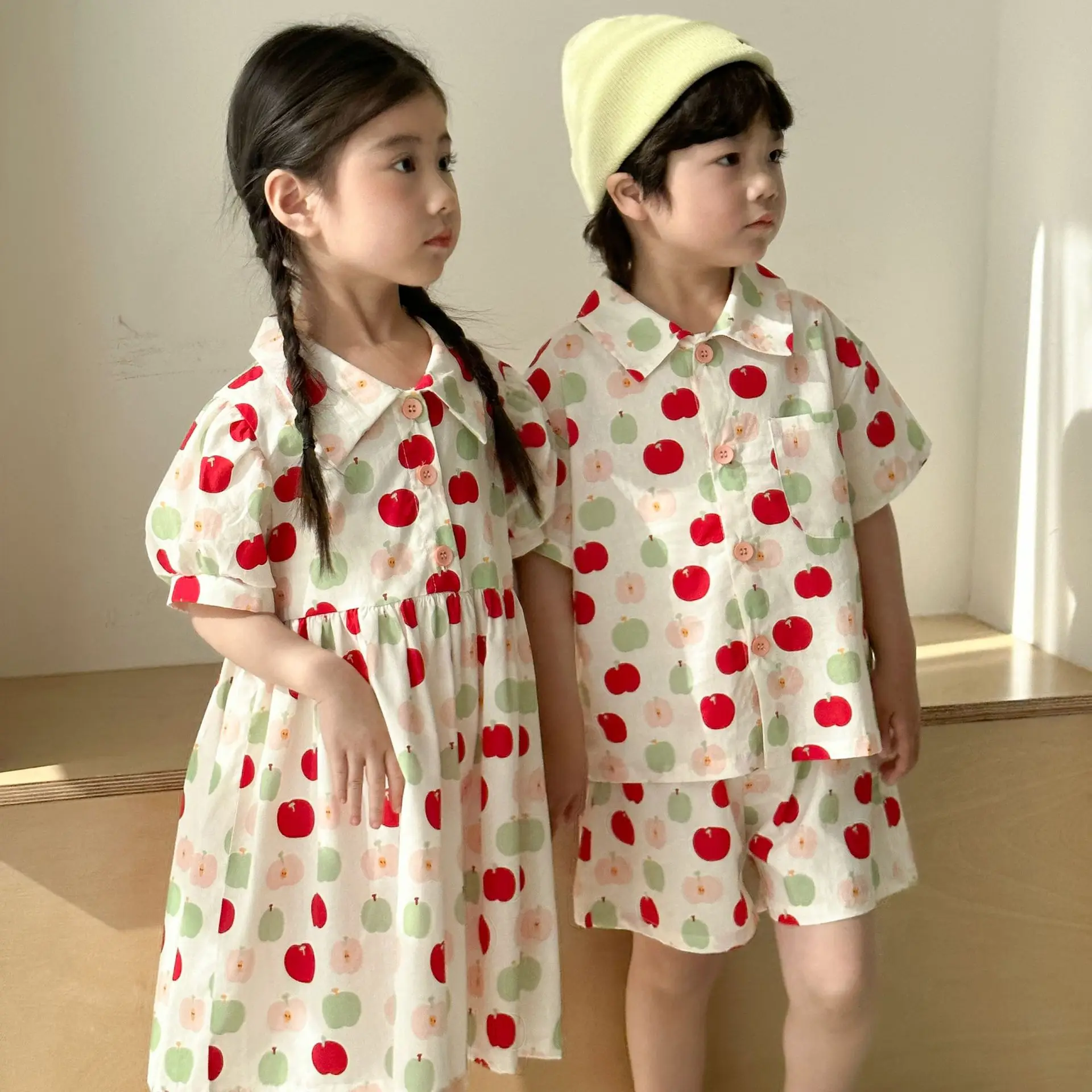 

Children Short Sleeve Clothes Set 2025 Summer New Boys Cotton Shorts Suit Girls Lapel Print Dress Kids Brother Sisters Outfits