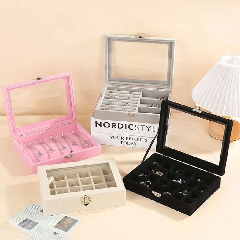 

New Jewelry Storage Box with Transparent Flip Cover Ring Earring Necklace Bracelet Jewelry Display Case Velvet Jewelry Show Prop