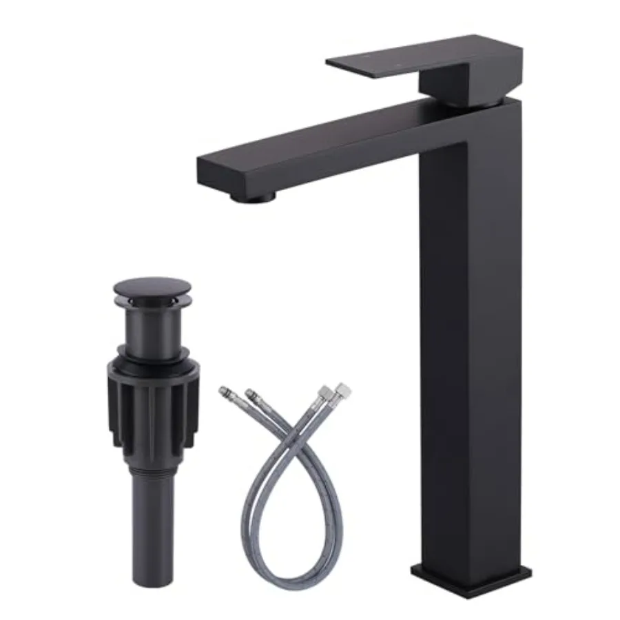 

Matte Black Single Handle Tall Vessel Sink Faucet with Pop Up Drain and Supply Lines for Bathroom Vanity Matte Black Metal Fauc