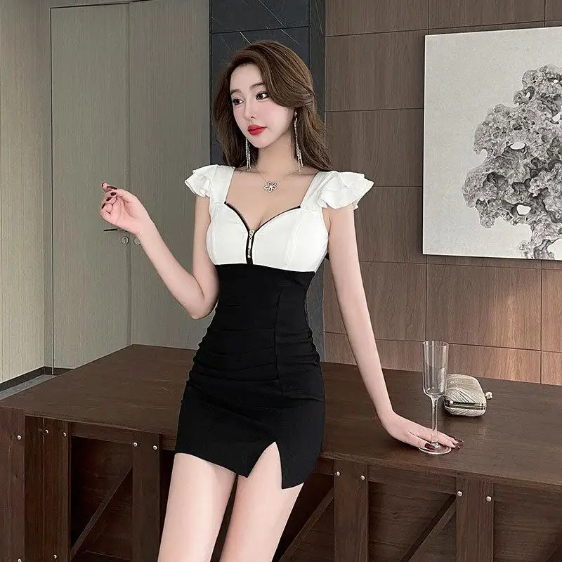 Color BlockingWoman Work Clothe Suit Hotel Waiter Beauty Salon Massage Nail Cafe Sexy Foot Bath Sauna Technician Bodycon Skirt