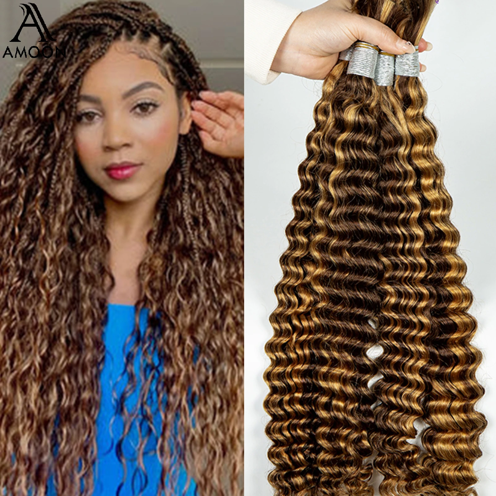 Amoon Encaracolado B Oho Tranças, Cabelo Humano, Onda de Água Profunda, Cabelo em Massa, Colorido, Sem Trama, Extensão para Trança