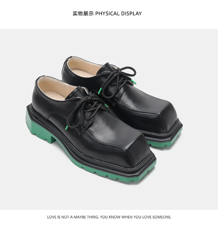 Square Toe Green Bottom Loafers 2025 New Women/men Platform Lace Up Derby Shoes Black Leather Spring Fashion Shoes 3-5Cm Sole