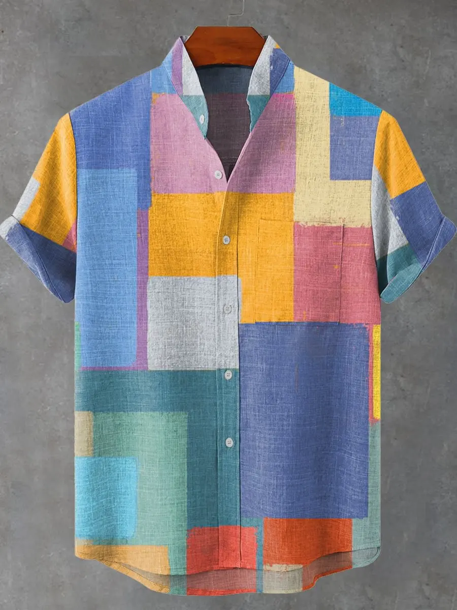 

Men's summer comfortable linen printed short sleeved shirt with color blocking design pattern and casual button top