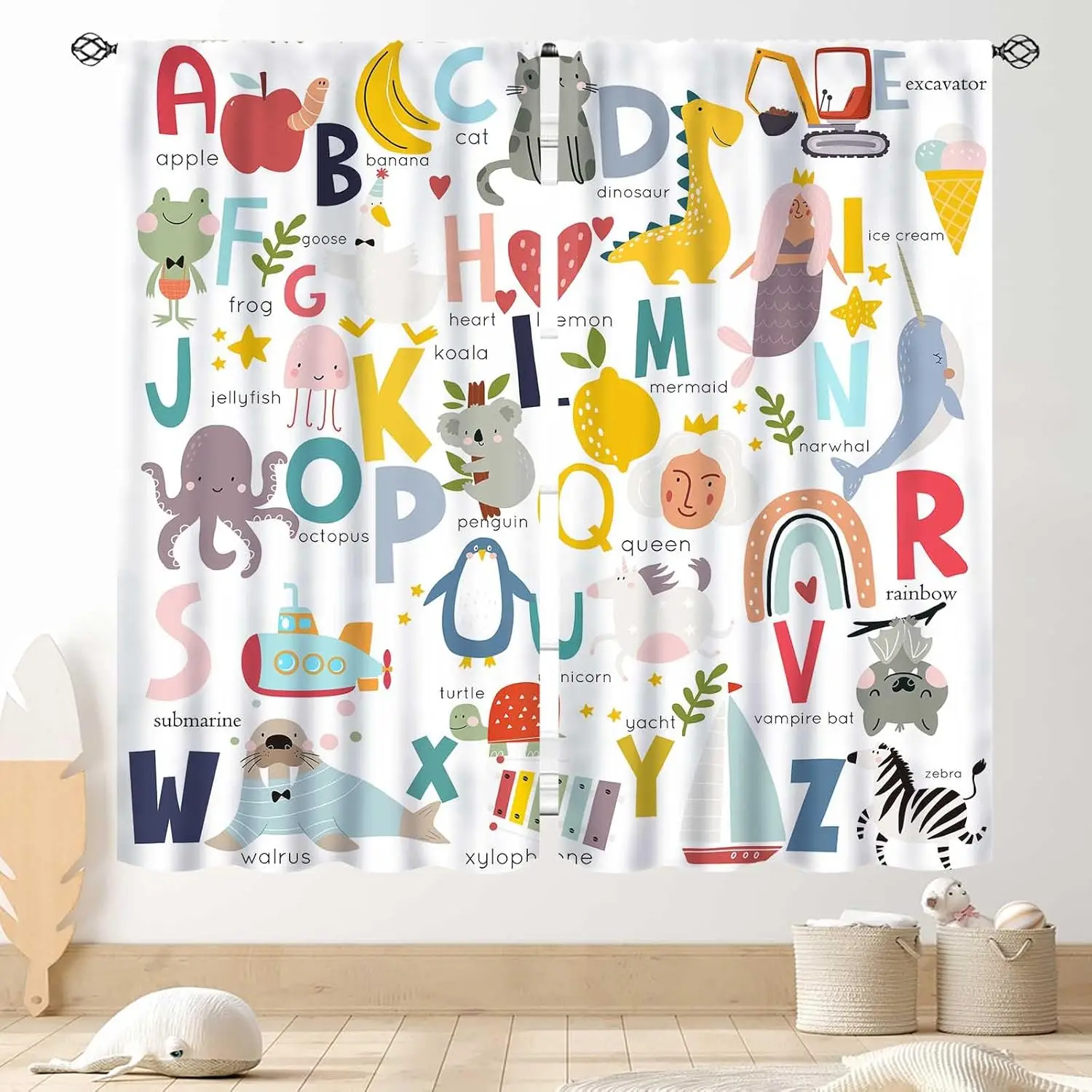 ABC Alphabet Classroom Curtains, Kids Cartoon Animal Educational Learning Cute Colorful Window Drapery Treatments for Baby Girls