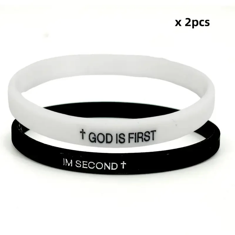 Mens Black White Silicone Bracelets GOD IS FIRST IM SECOND Cross Symbol Durable Minimalist Spiritual Wristbands For Men Gift