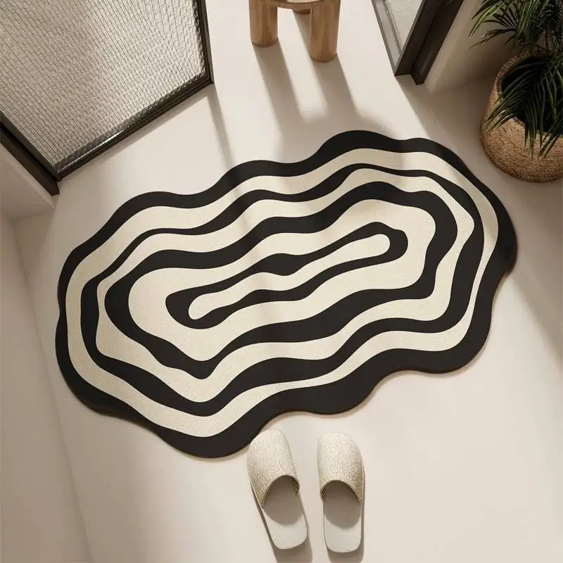 Non-slip Diatomaceous Earth Bath Mat, Irregular Black-White Striped, Ultra Absorbent & Quick-dry, 3.5mm Thick Rubber Backing