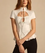 IG 2026 Blouse transparente à pois pour femme, col rond, manches courtes dolman, taille froncée, ourlet à volants, coupe ample et fluide, style décontracté