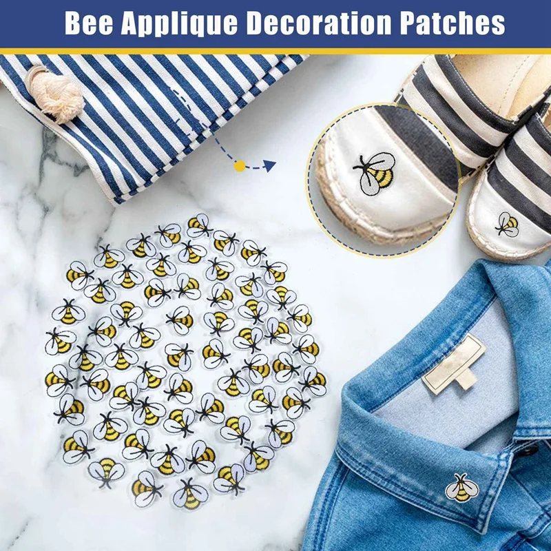 60PCS Bee Embroidered Patches,Cute Bumble Iron On Embroidered Applique Decoration Sewing Patches For Clothes DIY Patches