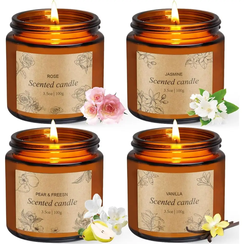 

4-Pack Natural Soy Wax Candles, Amber Jar, Long-Lasting Aromatherapy Gift Set for Women, Ideal for Birthdays, Valentine's Day, M