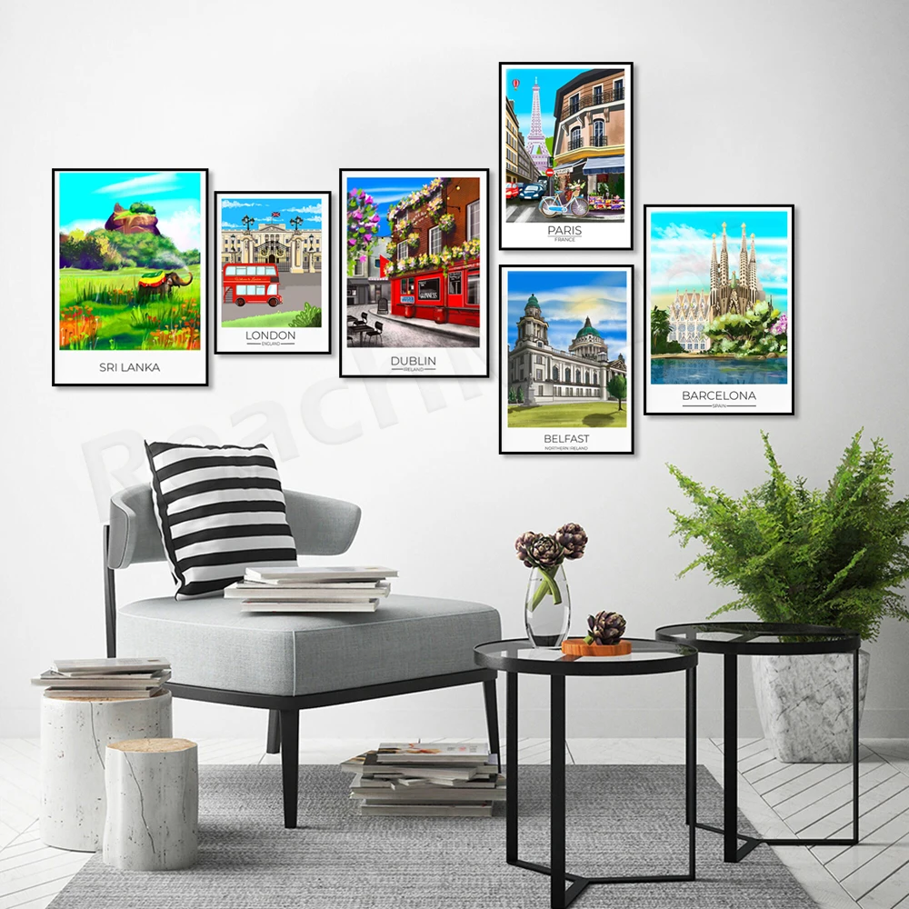 Sri Lanka, Dublin Temple Bar, Northern Ireland, Rome Italy, San Francisco, Eiffel Tower, Buckingham Palace London travel poster