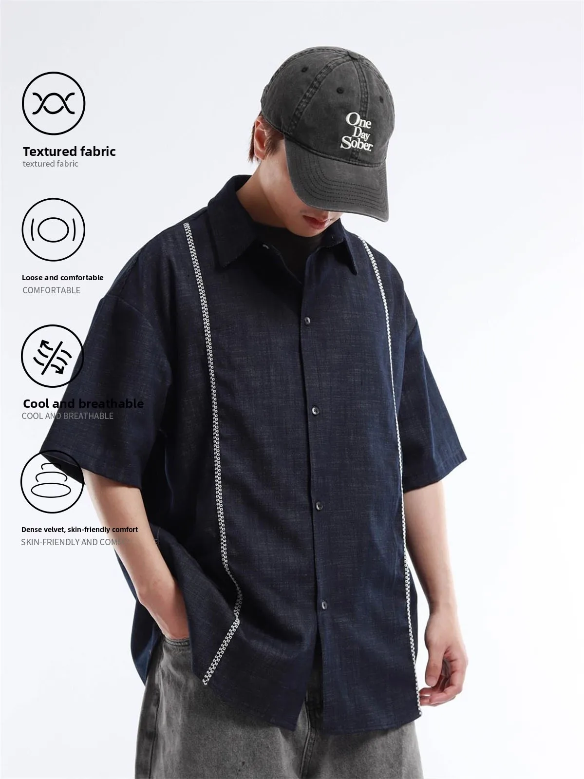 Summer 2026 New Loose Fit Short Sleeve Men's Denim Shirt Vintage Turn-down Collar Open Cardigan Casual Shirt Breathable Polye...