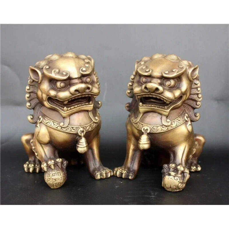 Antique Bronze Fu Foo Dog lion Statue China old Archaic guard lions pair 11cm