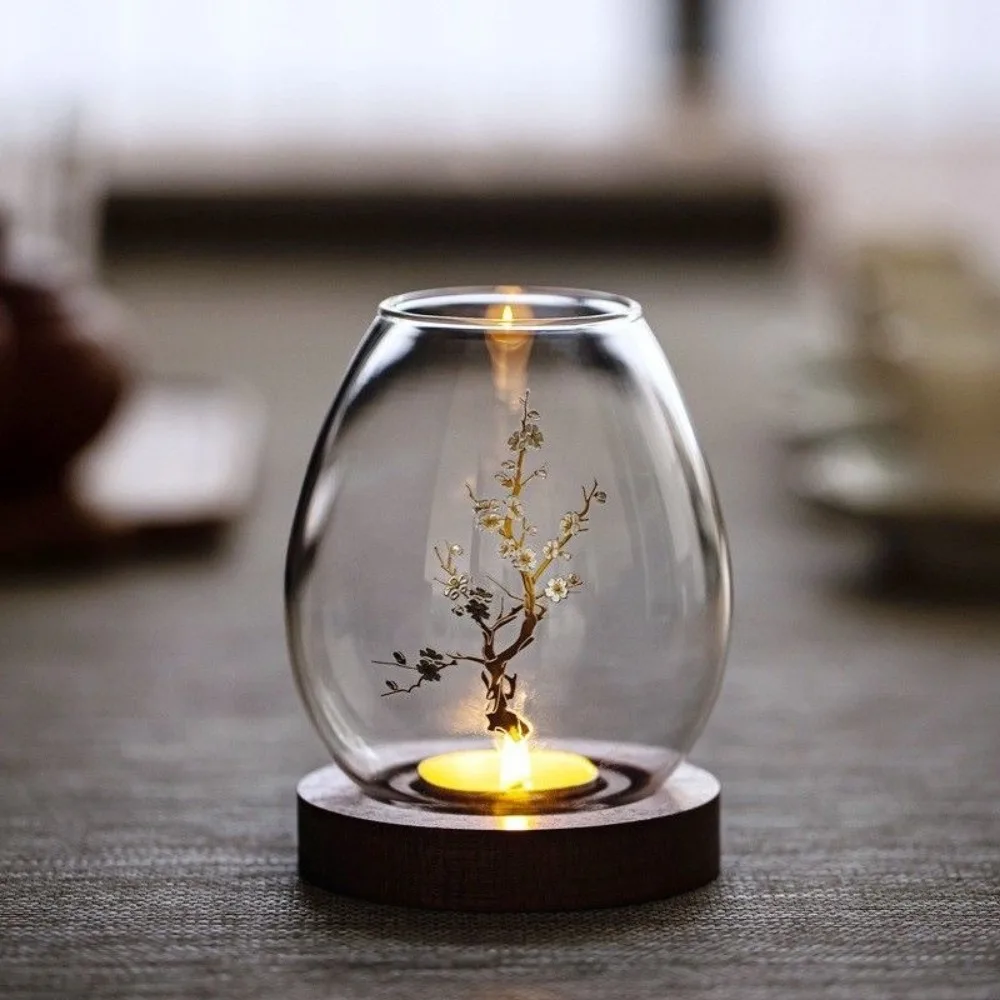 Transparent Glass Candlesticks Hollow Windproof Candle Holder with Wood Base Round Candle Cup Cover Dining Table Decoration