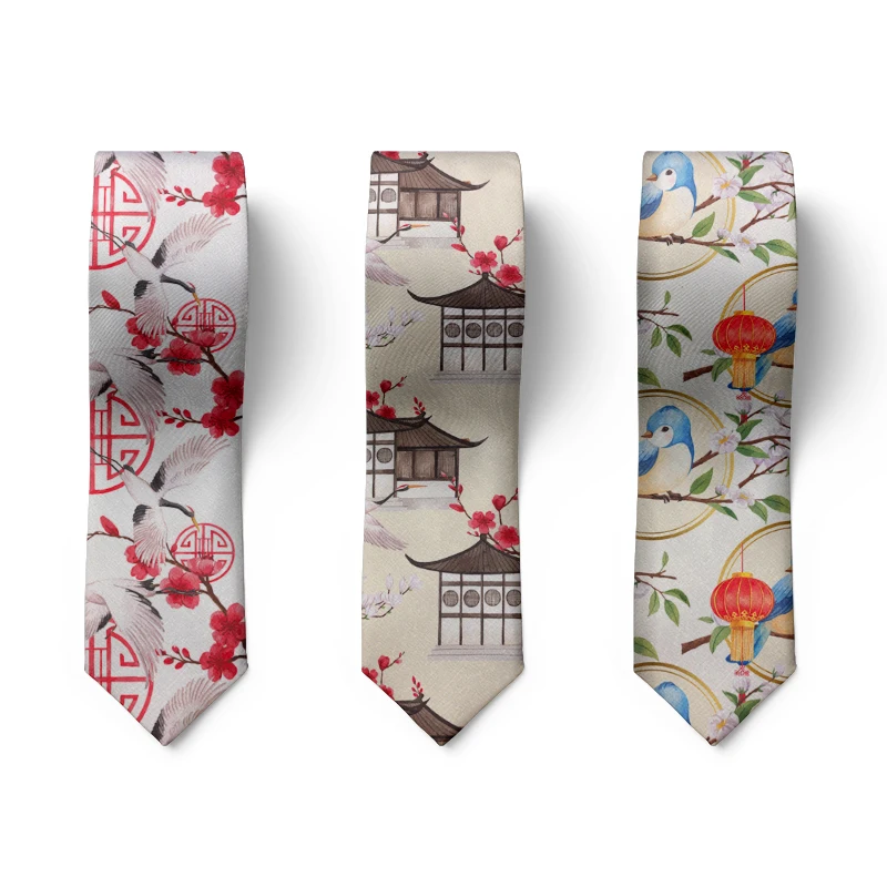 Japanese Traditional Printed Tie For Men High Quality 8cm Casual Party Business Polyester Tie Bird Tree Color Men's Tie