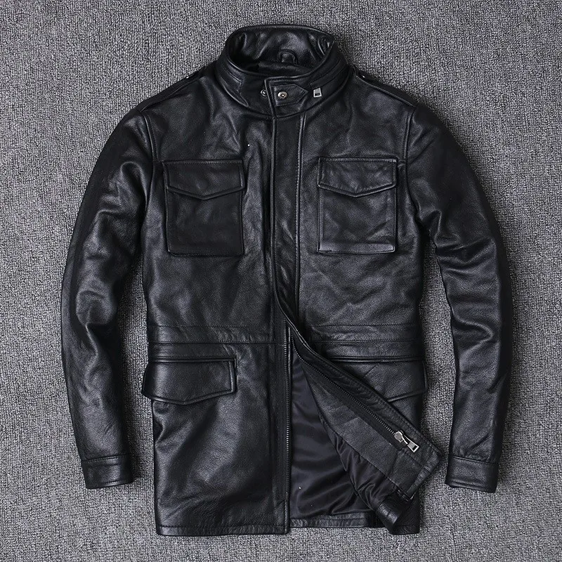 

leather men's top layer cowhide windbreakers mid-length motorcycle coats and outerwear