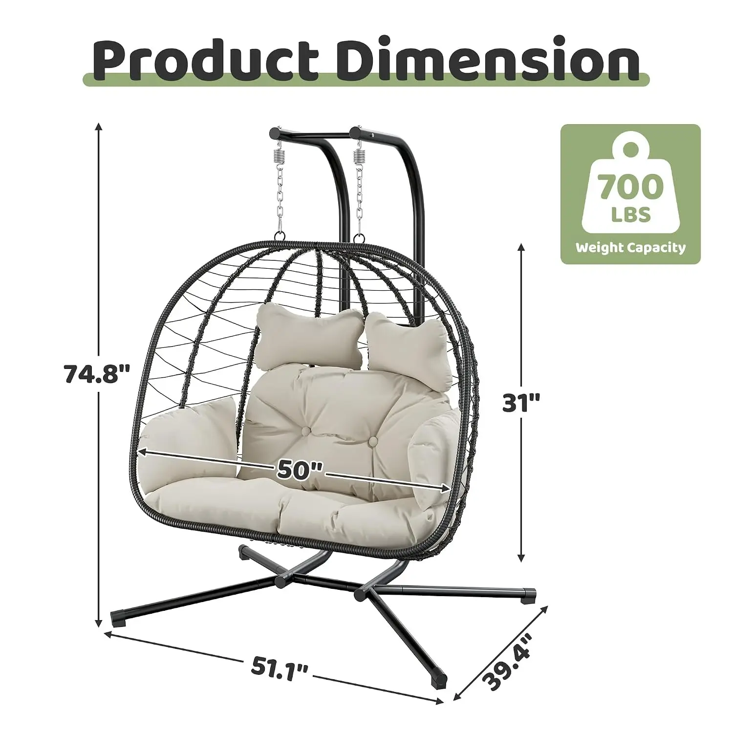 Double Hanging Egg Chair with Stand, Outdoor Indoor Swing Chair with Removable Cushion for 2 Person, Heavy Duty, Customized