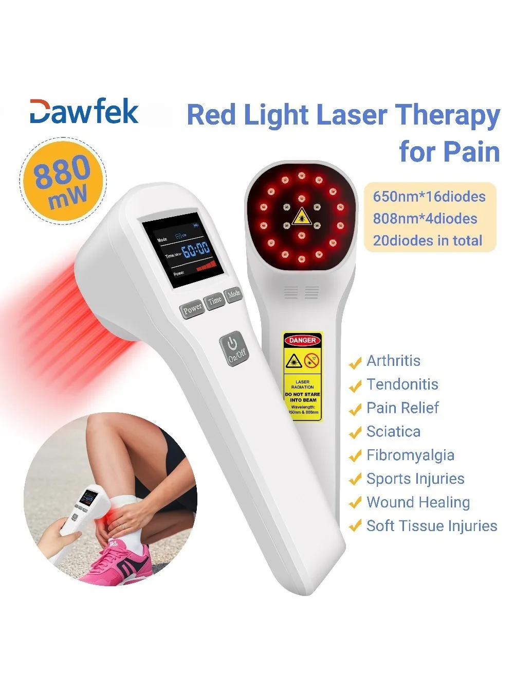 Dawfek 880mW LLLT Handheld 650nmx16Diodes+808nmx4Diodes Rood Licht Lasertherapie Apparaat voor Sportblessures, Wondgenezing en Thuisgebruik - afbeelding 2