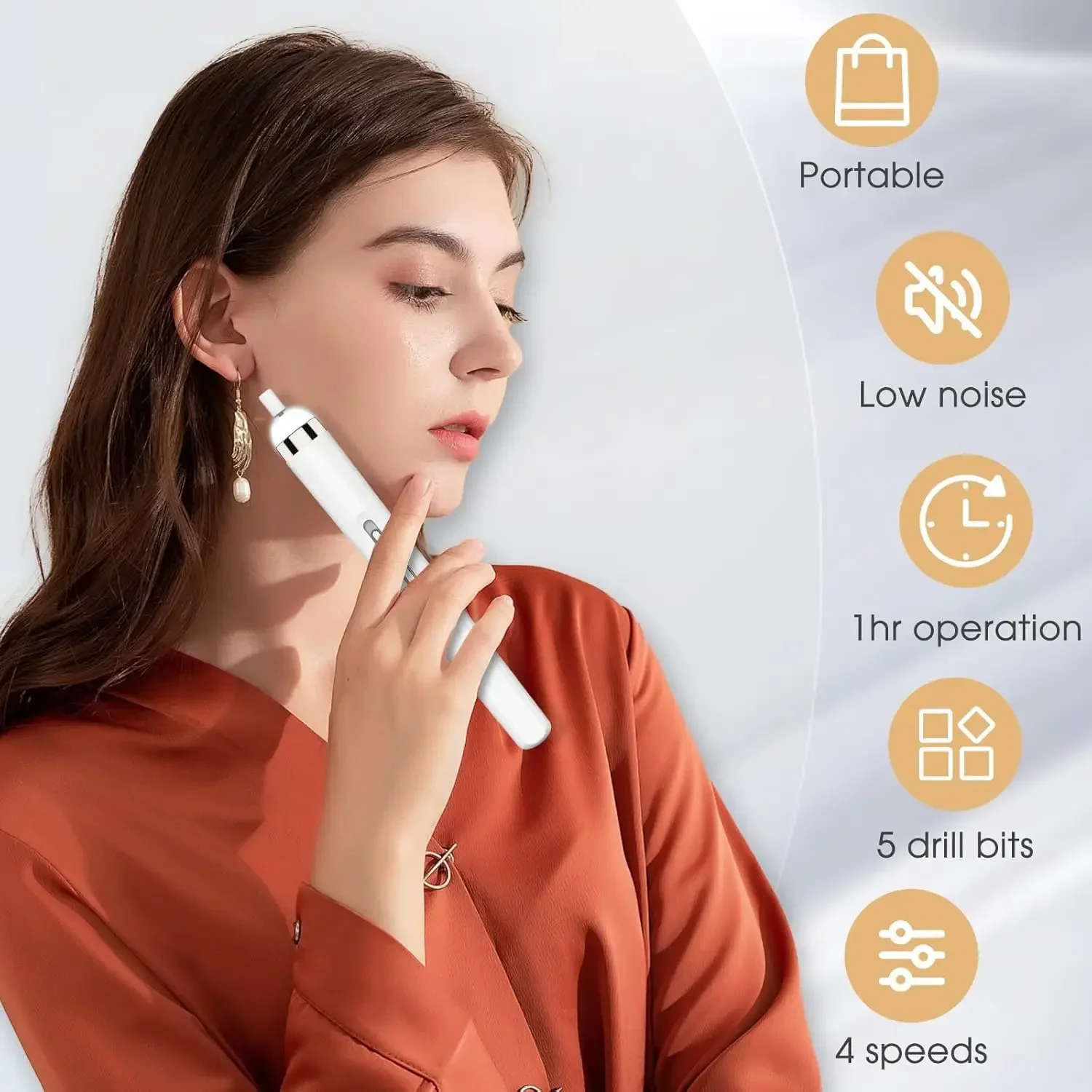 小型ポータブルネイルドリル - 4段階速度調整電動ネイルファイル、キューティクルケア機能付き、5種類の研磨ヘッド付属