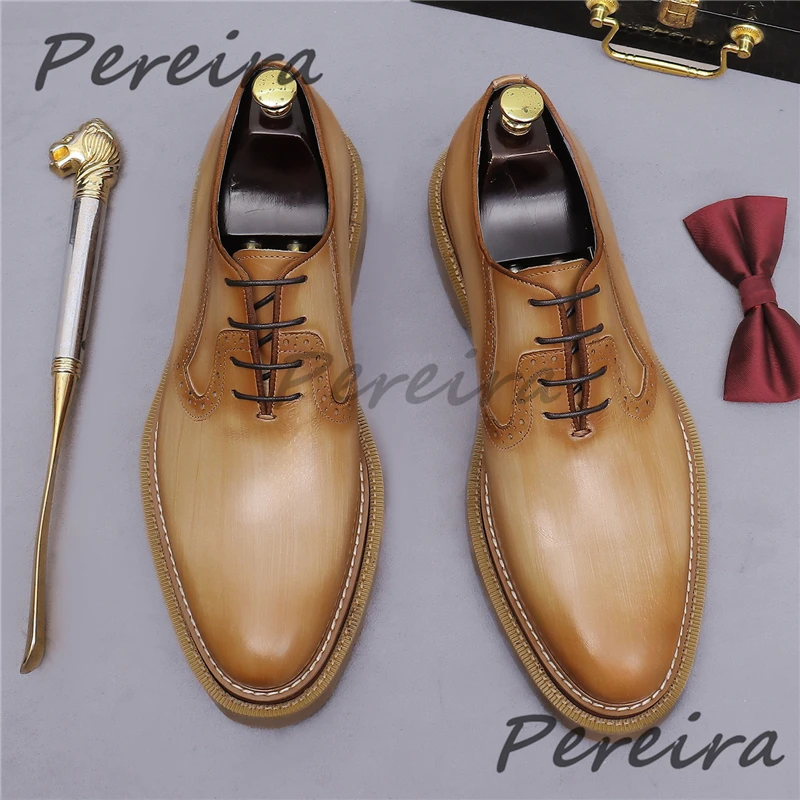 Men Retro Thick Soled Cowhide Formal Shoes Handmade Genuine Leather Polished Lace-Up Oxfords British Style Party Gentlemen Shoes