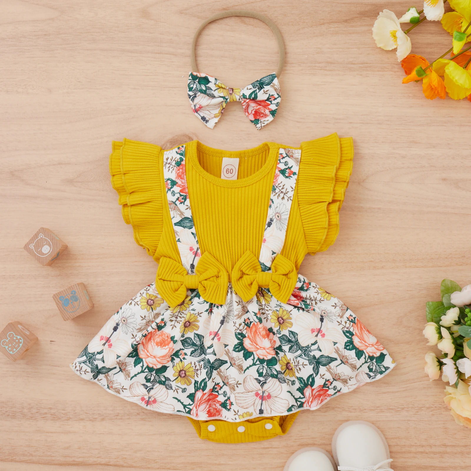 2PCS Summer 0-2 Years Old Girl Baby Comfortable Sweet And Lovely Yellow Printed Flying Sleeve Skirt