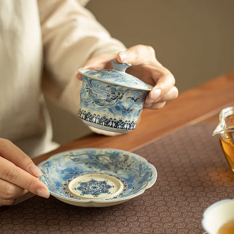Jingdezhen Blue and White Flint Red Feitian Dunhuang Gaiwan Large Capacity Ceramics