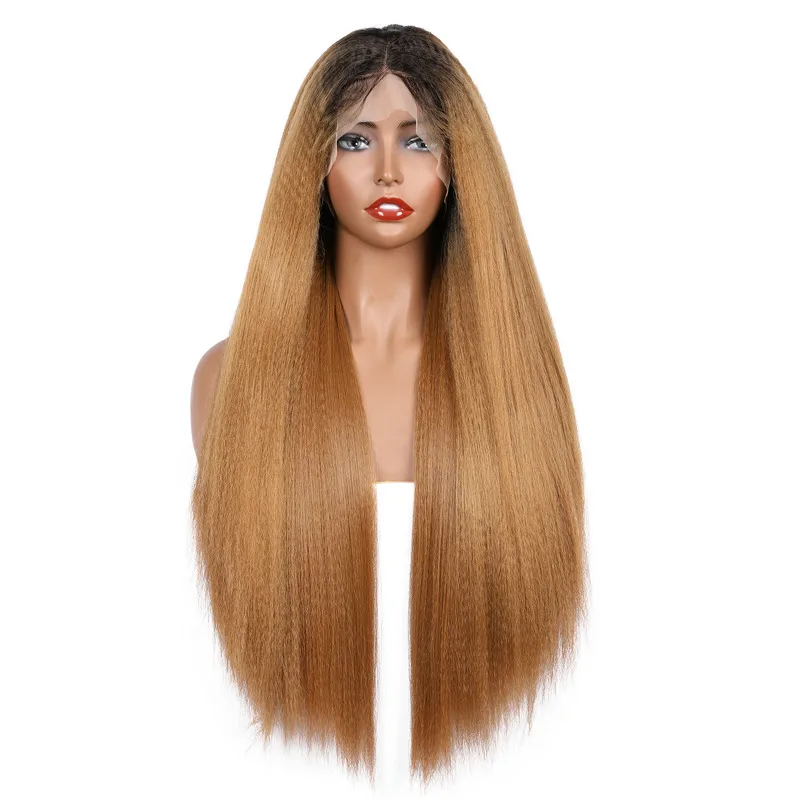 

Soft 26“ Long Kinky Straight Ombre Blonde 180%Density Yaki Lace Front Wig For Black Women BabyHair Glueless Synthetic Preplucked