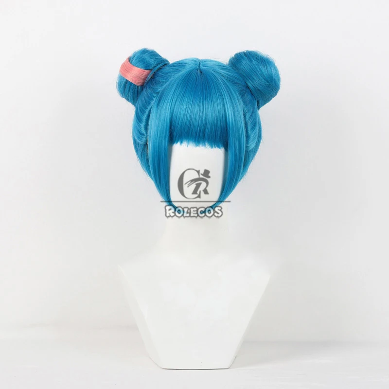 ROLECOS Spiel LOL Arcane 2 Jinx Double Bun Cosplay Perücken Arcane Jinx 30 cm kurze blaue gemischte rosa Perücke hitzebeständiges Kunsthaar