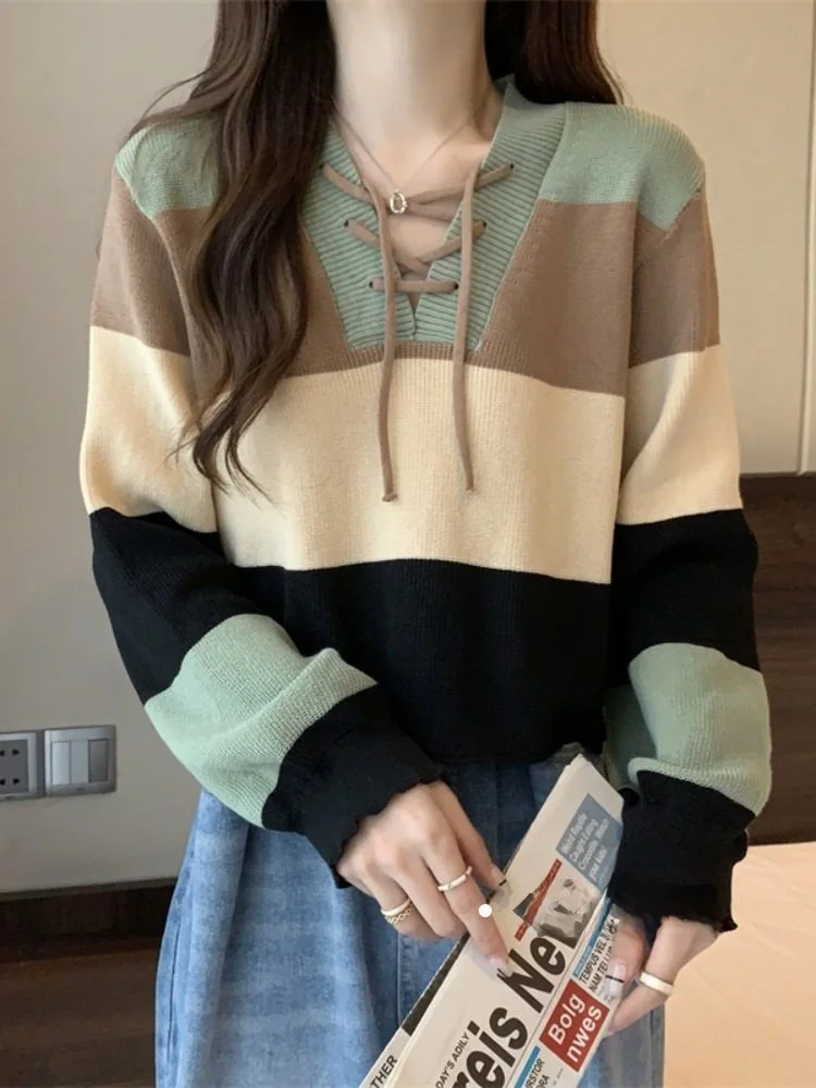 

Весенний женский вязаный свитер с длинными рукавами, в полоску, с цветовыми блоками, с поясом, универсальный, свободного кроя, удобный, в корейском стиле