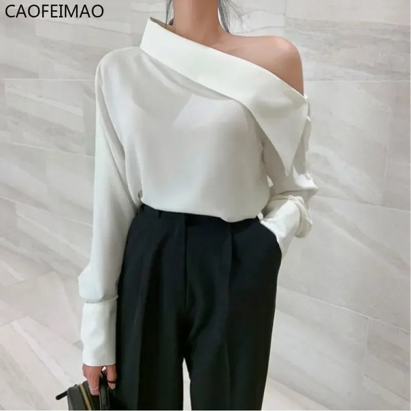 Senhora do escritório estilo coreano blusas pretas um ombro sexy camisas femininas primavera verão blusa fria feminino elegante branco topos 2025