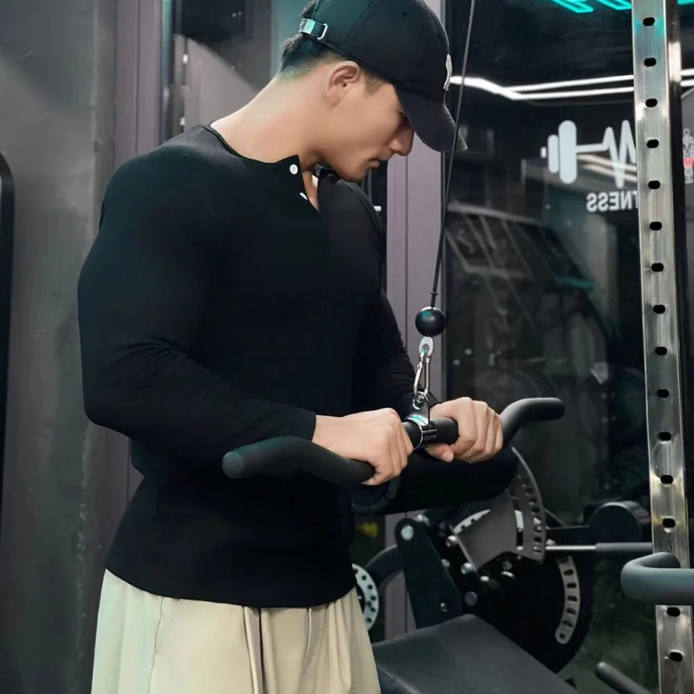 Vintage American Henley Shirt Mens Long Sleeve Raglan Tee Ribbed Cotton Slim Fit Casual Workout Sport Training Apparel
