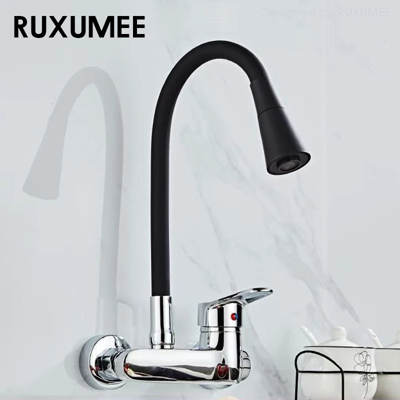 صنبور مطبخ مرن مثبت على الحائط، أوضاع مزدوجة قابلة للدوران 360 درجة، صنابير حوض مياه ساخنة وباردة من الكروم المصقول باللون الأسود
