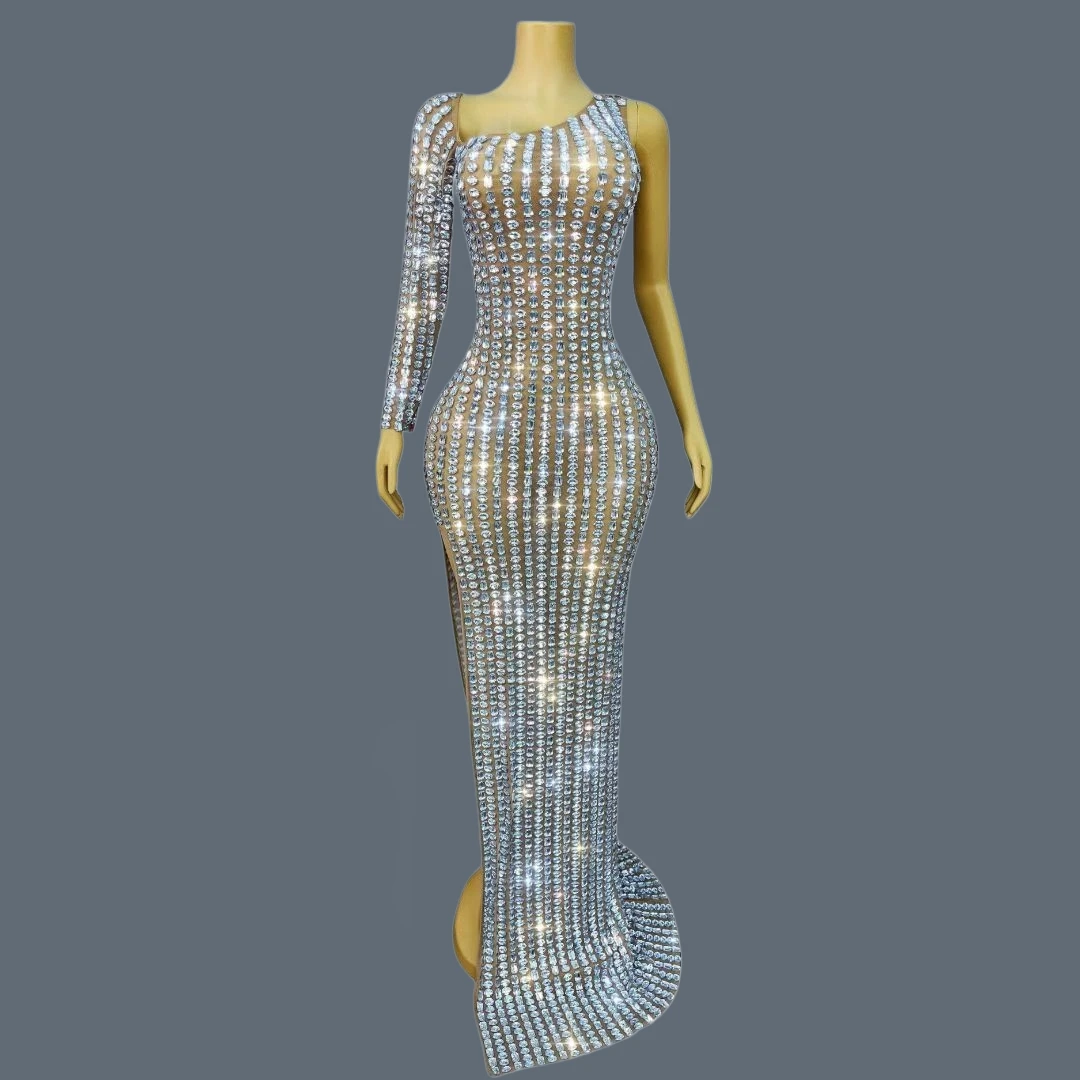 

Sparkly Crystals One Sleeves Red Carpet Elegant Long Formal Dress Women Gala Prom Sexy Luxury Evening Gown Club Costume Fengxi